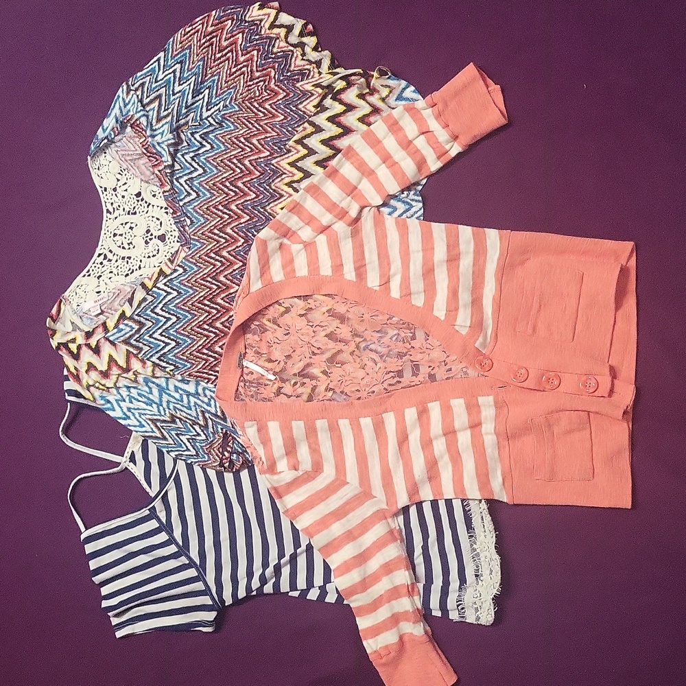 3 womens medium shirts lot Bongo Aztec tribal print M orange striped sweater top